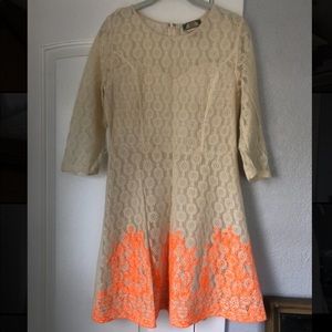 Lace dress with orange accent, worn once